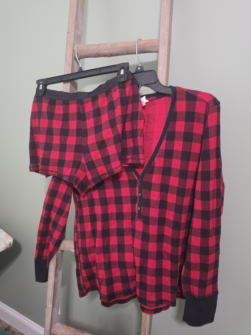 Victoria's Secret Womens Red and Black Buffalo Plaid V-Neck Sweater Set